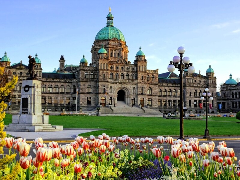 Historisch Brits Columbia provinciaal parlementsgebouw met lentetulpen, Victoria, BC, Canada