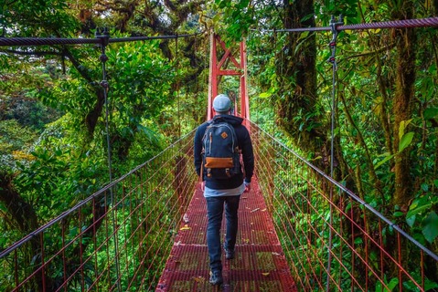 Toerist loopt over een hangbrug in het oerwoud van het nevelwoud van Monteverde, Costa Rica