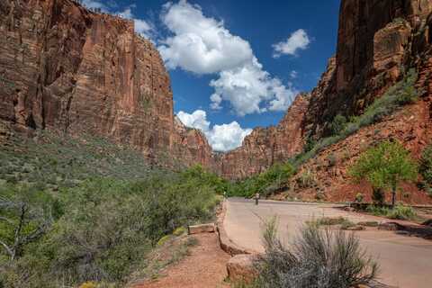 Fietsen door Zion National Park op een zomerse dag in het prachtige berglandschap van Zion National Park