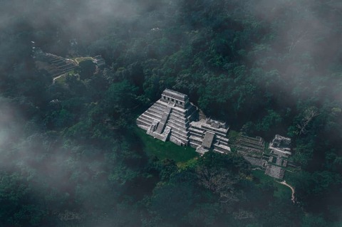 Dronefoto van Maya-ruïnes in Palenque, Mexico