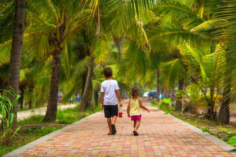 Kinderen lopen onder palmbomen. Costa Rica, een tropisch paradijs