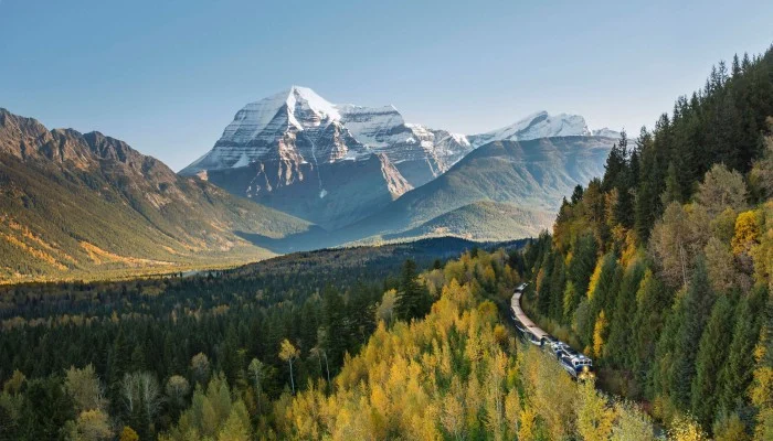 Trein van de Rocky Mountaineer rijdt door een bosrijk bergdal met een besneeuwde bergpiek op de achtergrond in Canada