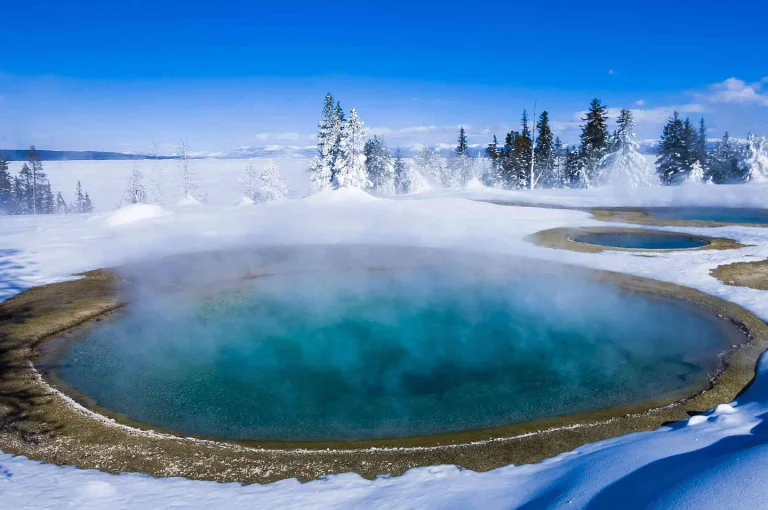 Ronde turquoise thermale bron met opstijgende damp omringd door besneeuwde bomen en grond in Yellowstone National Park