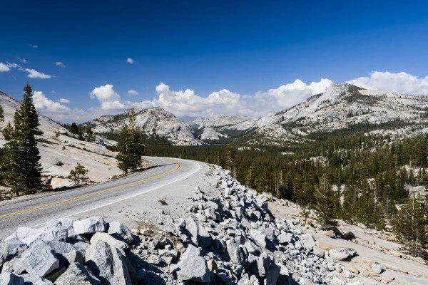 Kronkelende asfaltweg door kaal rotsgebergte met dennenbomen in Yosemite National Park onder een strakblauwe lucht