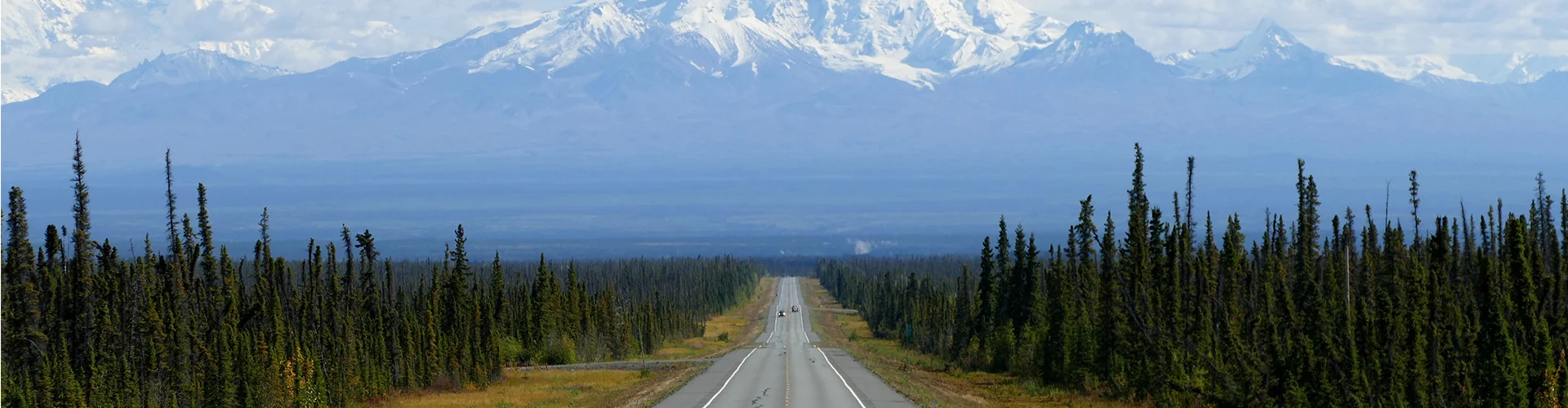 Een kaarsrechte weg loopt door dicht naaldbos naar besneeuwde bergtoppen in de verte in Alaska