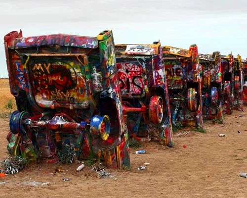 Rij oude Cadillacs half in de grond geplant en volledig bedekt met kleurrijke graffiti bij het kunstwerk Cadillac Ranch in Amarillo in Texas