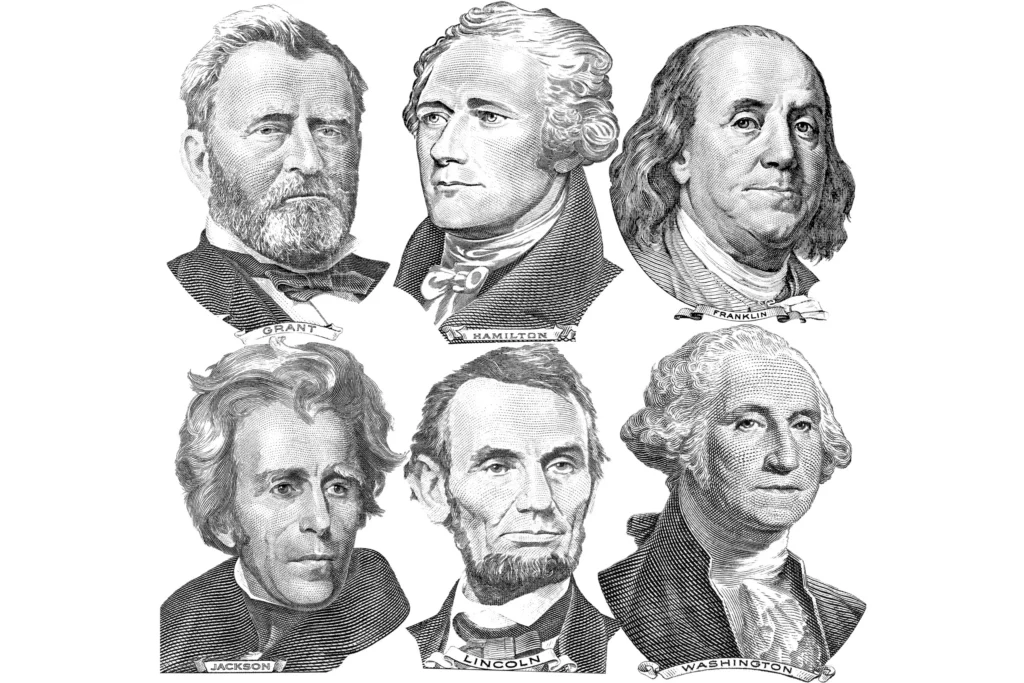 Zwart-witte gravures van zes Amerikaanse presidenten en staatslieden, waaronder Washington, Lincoln en Franklin, zoals afgebeeld op dollarbiljetten