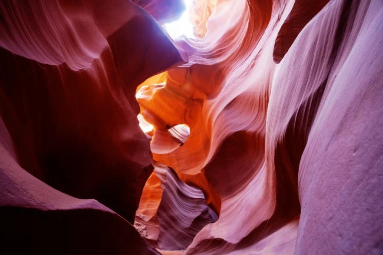 Gegolfde roodoranje rotswanden van Lower Antelope Canyon waarbij zonlicht van bovenaf de smalle kloof verlicht