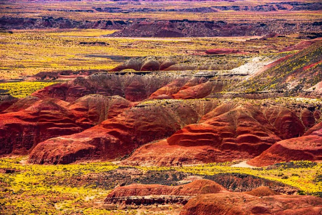 Luchtfoto van rood met gele gestreepte heuvels van de Painted Desert met een dun pad dat er doorheen loopt