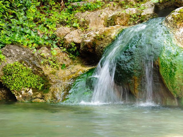 Helder water stroomt over groen mosbedekte rotsen in een kleine waterval omgeven door groene begroeiing in Arkansas