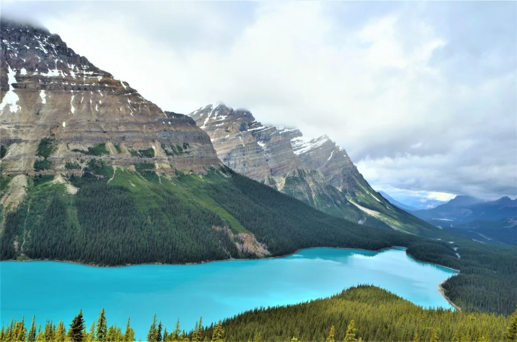 Fel turkoois gekleurd gletsjermeer ligt tussen dennenbos aan de voet van kartelige rotsachtige bergtoppen in Banff National Park