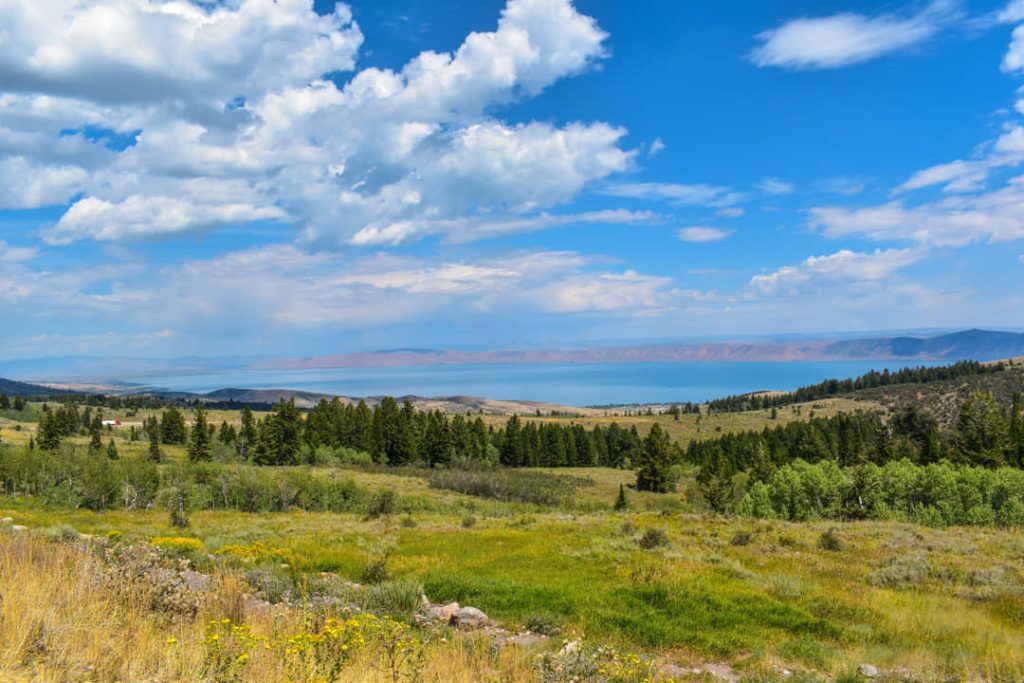 Panoramisch uitzicht over het turquoise water van Bear Lake vanaf een grasheuvel met bomen en bergen op de achtergrond