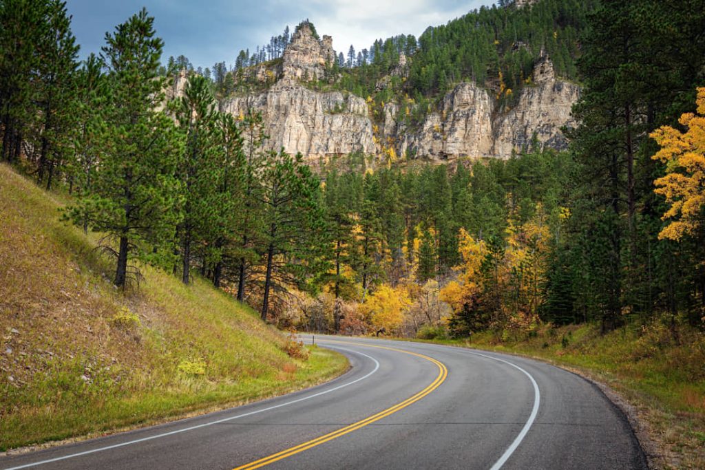 Kronkelende weg door dennenbos met gele herfstbladeren en een rotsachtige bergwand op de achtergrond in de Black Hills, South Dakota