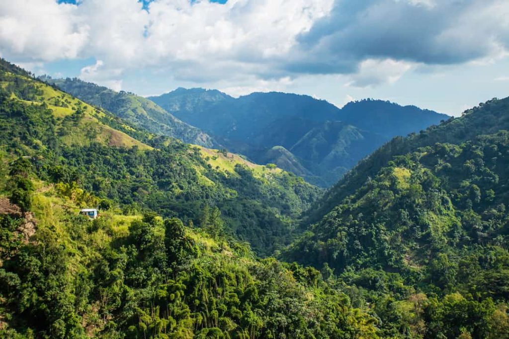 Meerdere lagen groene en blauwe bergketens vullen een diep dal in de Blue Mountains van Jamaica