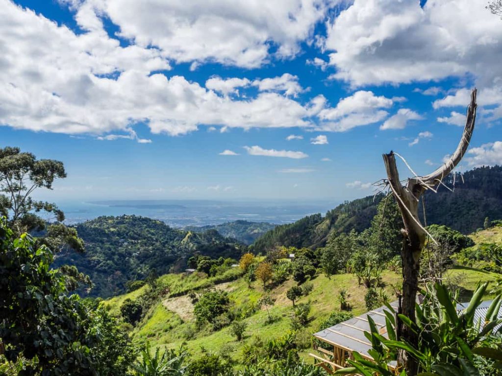 Glooiende groene heuvels van de Blue Mountains dalen af naar de kust en de zee in de verte onder een wolkenlucht in Jamaica