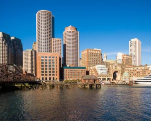 Rij bruine stadswoningen met stoepen en trappen, met roze bloesembomen ervoor in de wijk Back Bay in Boston