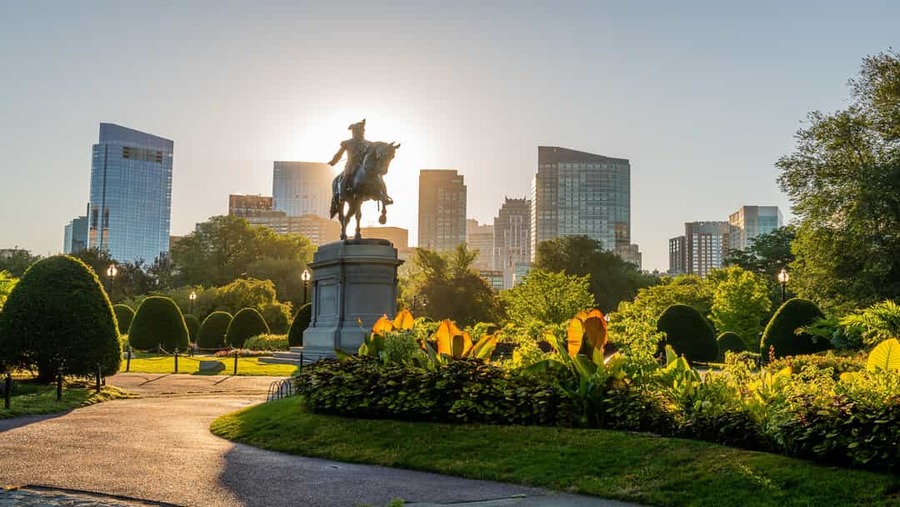 Een ruiterstandbeeld tussen groene struiken in het Boston Public Garden met de skyline van Boston op de achtergrond bij zonsopgang