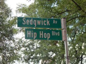 Twee groene straatnaamborden met de teksten Sedgwick Avenue en Hip Hop Boulevard tegen een achtergrond van bomen in de Bronx