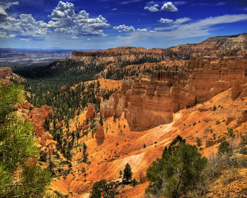 Oranje rotspinakels en dennenbos vullen het amfitheater van Bryce Canyon National Park onder een blauwe lucht met wolken