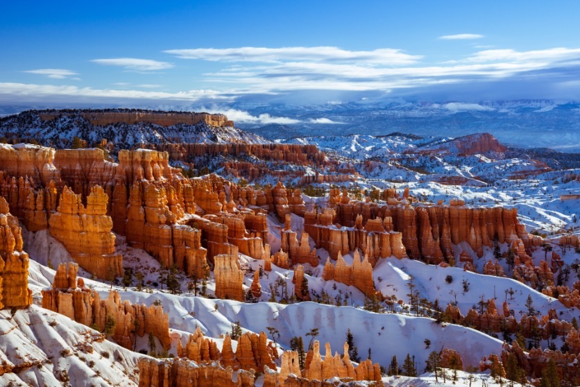 Oranje rotspilaren met sneeuwlagen erop, uitgestrekt over het amfitheater van Bryce Canyon onder een bewolkte winterlucht