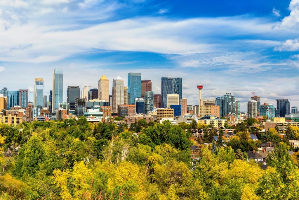 Wolkenkrabbers van Calgary met de Calgary Tower steken uit boven een rij bomen in gele herfstkleuren
