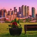 Bankje met bloembakken op een heuvel in een park, met de skyline van Calgary bij een roze zonsondergang op de achtergrond