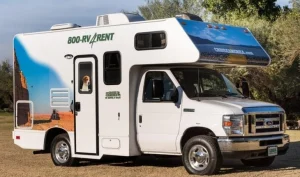 Witte camper van het merk Cruise America met een opdruk van een hond op de zijkant, geparkeerd op een grasveld tussen bomen
