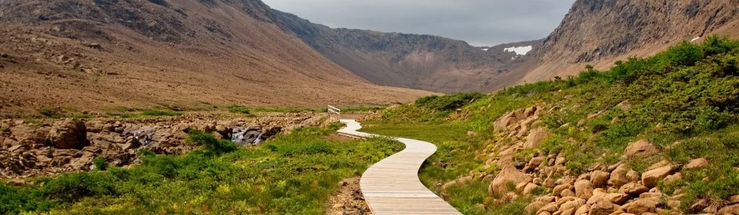 Een houten wandelpad slingert door een groen dal tussen kale bergen in Atlantisch Canada