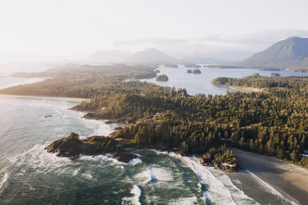 Luchtfoto van een groene kustlijn in Canada met golvende zee, rotsen, bos en bergen op de achtergrond