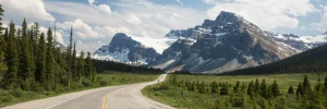 Een lege tweebaansweg slingert door een groene vallei met dennenbossen richting besneeuwde bergtoppen in Canada
