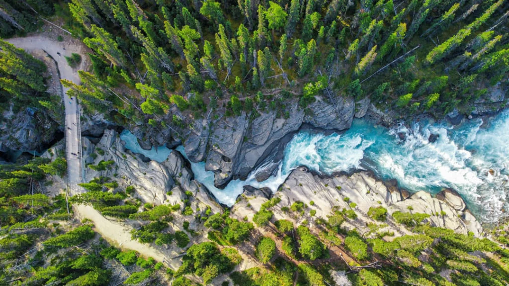 Luchtfoto recht van boven van een turquoise rivier die door een rotsachtige kloof stroomt, omgeven door dicht naaldbos met een weg en brug ernaast