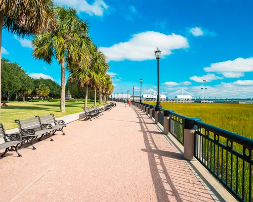 Breed wandelpad met houten bankjes en palmbomen langs de waterkant in Charleston met een pier zichtbaar in de verte