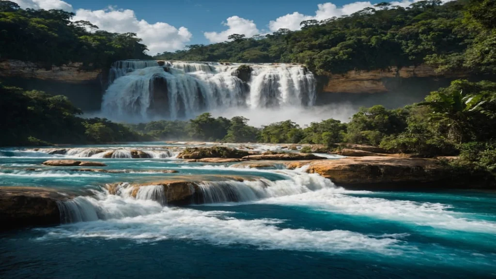 Brede trapsgewijze waterval met turquoise water dat over rotsen stroomt omringd door groen regenwoud in Chiapas