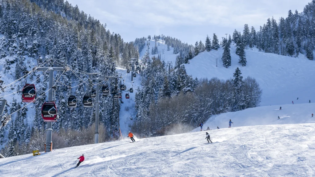 Skiërs dalen af over een besneeuwde piste tussen dennenbomen met een gondelbaan op de achtergrond in Aspen Snowmass in Colorado