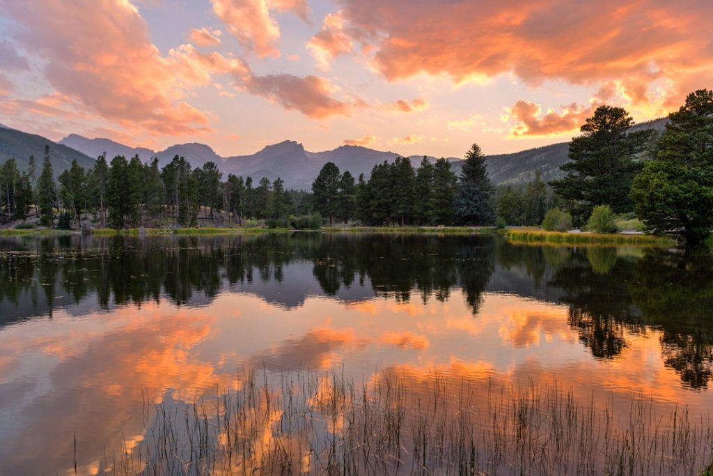 Stil meer met rietstengels weerspiegelt bergen en bomen onder een roze en oranje wolkenlucht bij zonsondergang