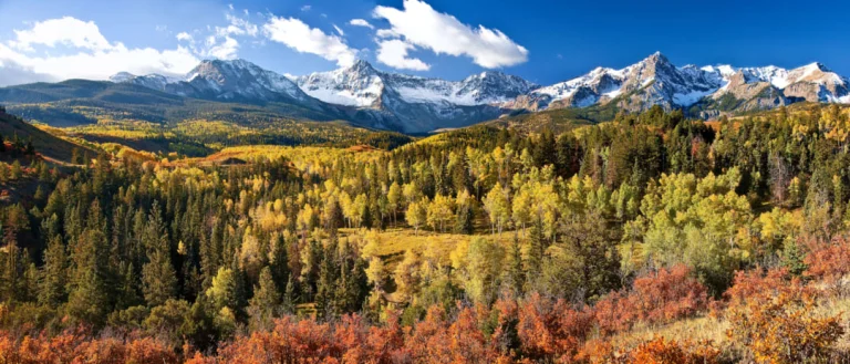 Breed panorama van besneeuwde bergtoppen boven glooiende heuvels vol rode en gele herfstbladeren in Colorado