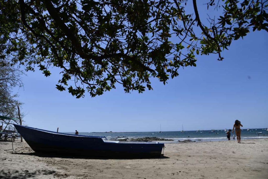 Blauwe houten vissersboot ligt op het zand onder een overhangende boom, met wandelaars en zeilboten op de achtergrond