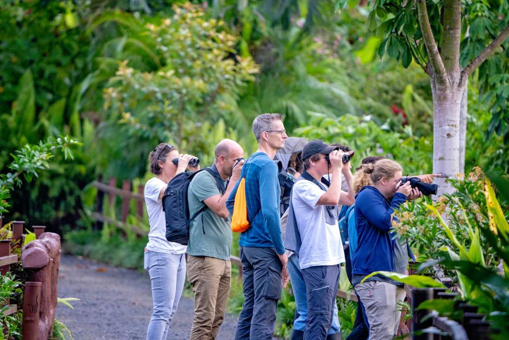 Groep reizigers met verrekijkers en camera's turen tussen het groen op zoek naar vogels langs een pad in Costa Rica