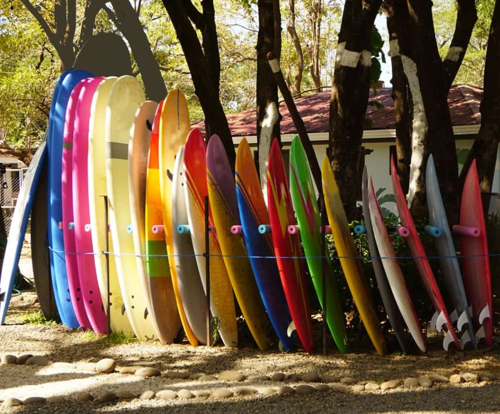 Rij felgekleurde surfplanken in blauw, roze, geel en groen tegen boomstammen bij een surfschool in Costa Rica