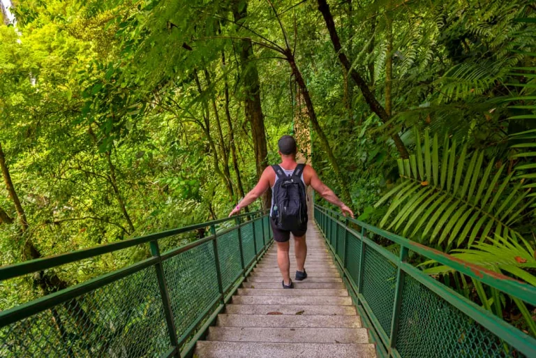 Man met rugzak loopt over een groene metalen hangbrug omgeven door weelderig tropisch regenwoud bij Arenal in Costa Rica