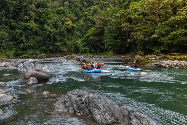 Een groep raften in een blauwe rubberboot over de groene Pacuare River, omringd door dicht tropisch regenwoud in Costa Rica