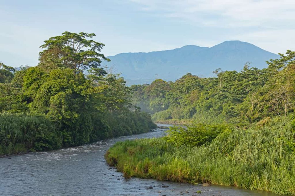 Rustige rivier stroomt tussen groene oevers, met een vulkaan die zich vaag aftekent tegen de lucht in Costa Rica