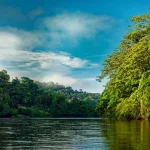Een brede rivier omringd door dicht groen regenwoud onder een blauwe lucht met wolken in Costa Rica