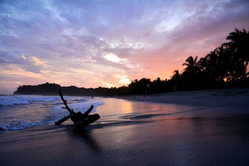 Verlaten strand met zacht kabbelende golven en silhouetten van palmbomen tegen een roze en paarse avondlucht in Costa Rica
