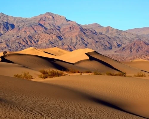 Glooiende zandduinen met scherpe schaduwranden en kale bergen op de achtergrond in Death Valley National Park