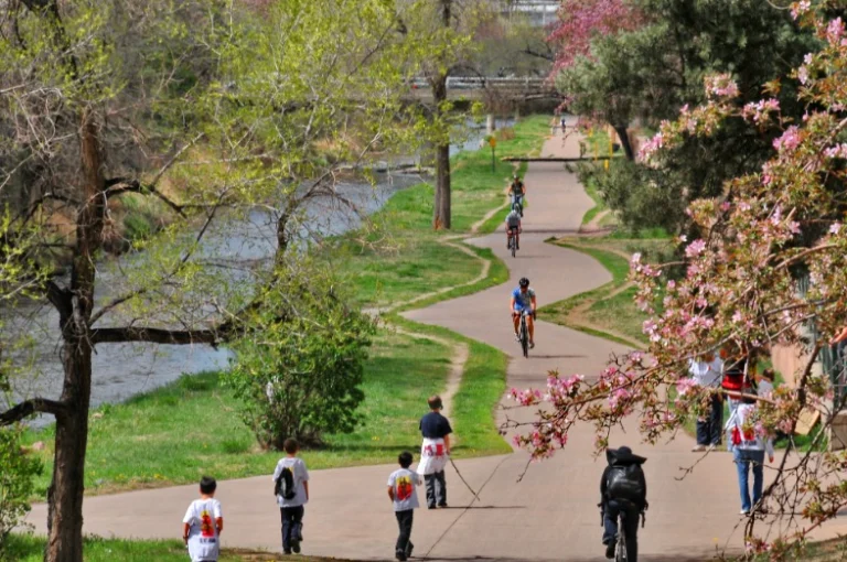 Fietsers en wandelaars bewegen zich over een slingerend fietspad langs Cherry Creek in Denver, omringd door bloeiende bomen en groen gras