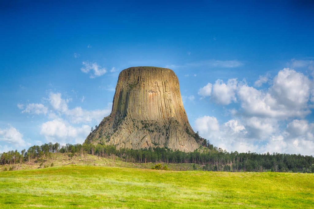 De kenmerkende gegroefde rotstoren van Devils Tower rijst op boven een groen grasveld en bomenrand in Wyoming