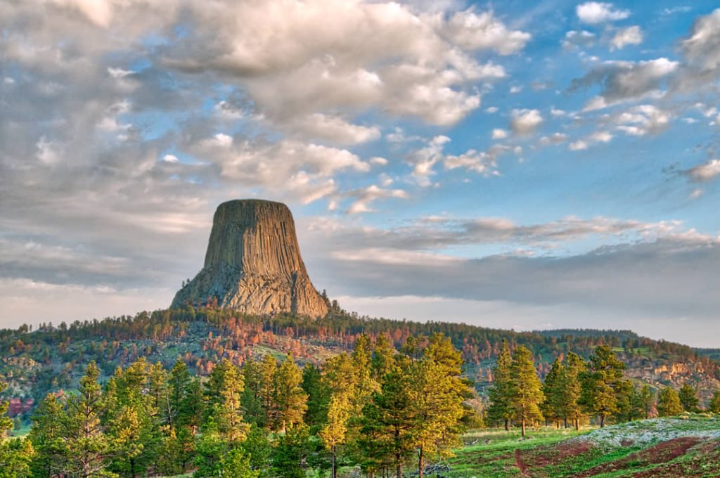 De kolomvormige rotstoren van Devils Tower steekt uit boven een bos van dennenbomen onder een bewolkte avondlucht in Wyoming