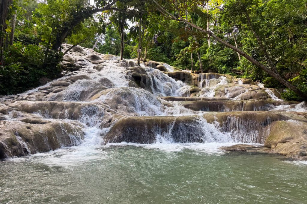 Brede kalkstenen watervaltrappen van Dunn's River Falls stromen uit in een groen waterbassin tussen bomen in Jamaica
