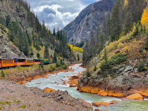 Oranje treinstel van de Durango and Silverton spoorlijn rijdt door een kloof langs een rivier met oranje rotsen en geel gekleurde bomen